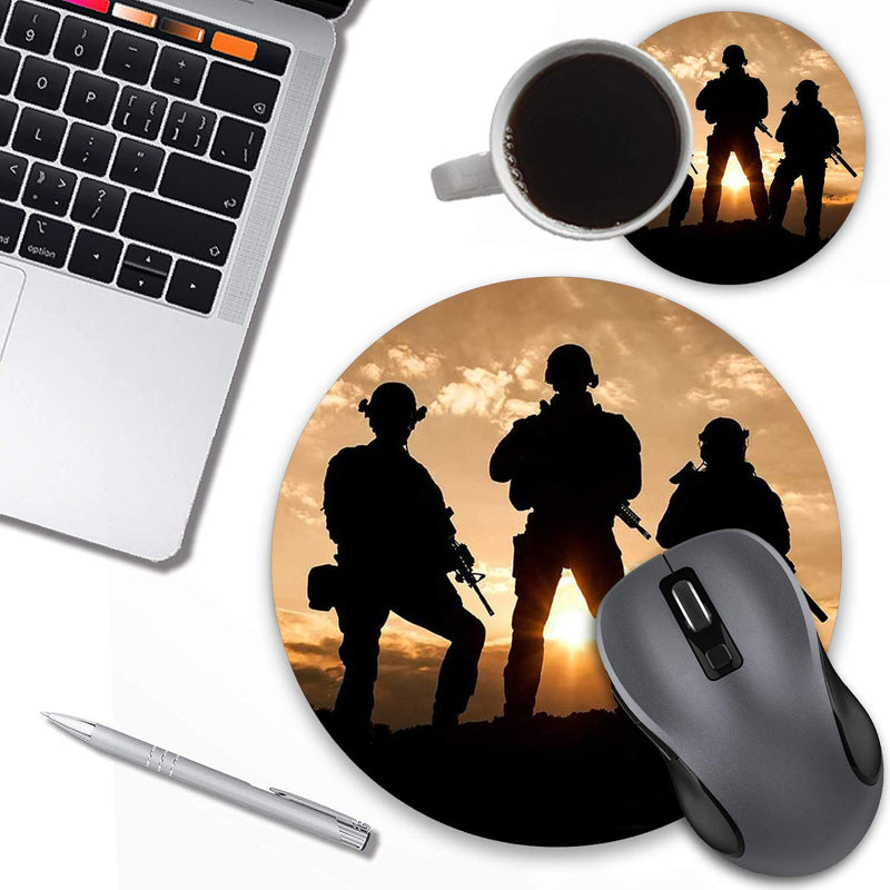 [Australia - AusPower] - Round Mouse Pad with Coasters Set, American Army Troops Military Design Mouse Pad, Non-Slip Rubber Base Mouse Pads for Laptop and Computer Office Accessories 