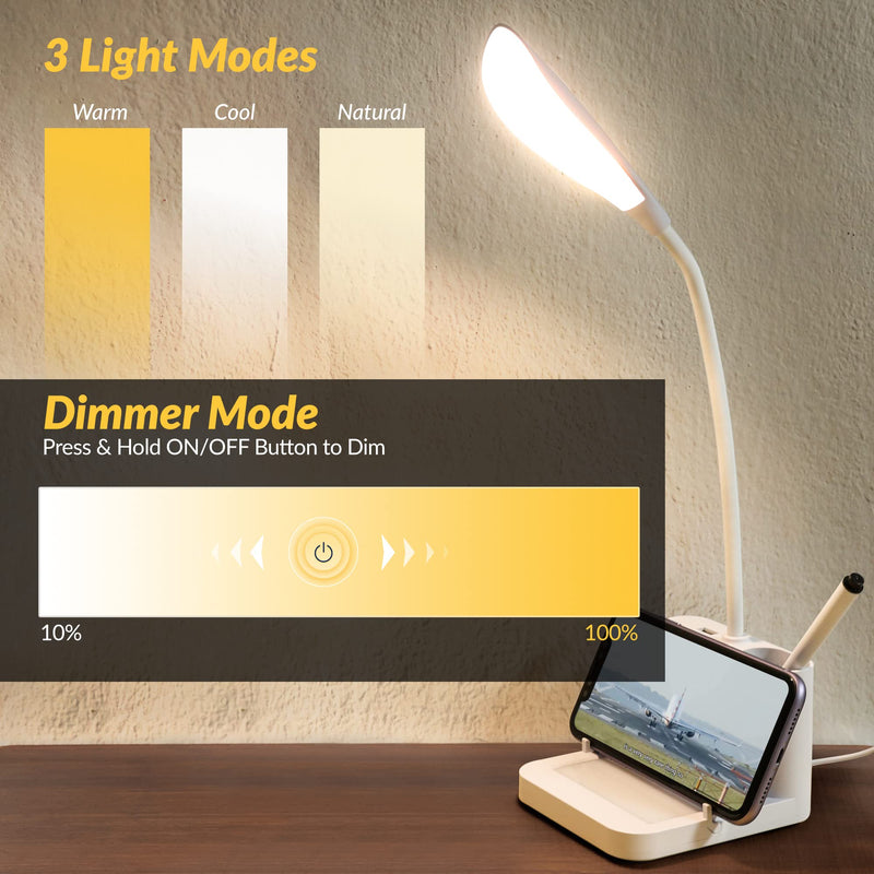 [Australia - AusPower] - LED Desk Lamp, 3 Color Dimmable Desk Lamp with Drawing Board Flexible Gooseneck Pen Holder Desk Light for Reading Phone Stand Table Lamp with USB Charging Port for Students Home Dorm College White 