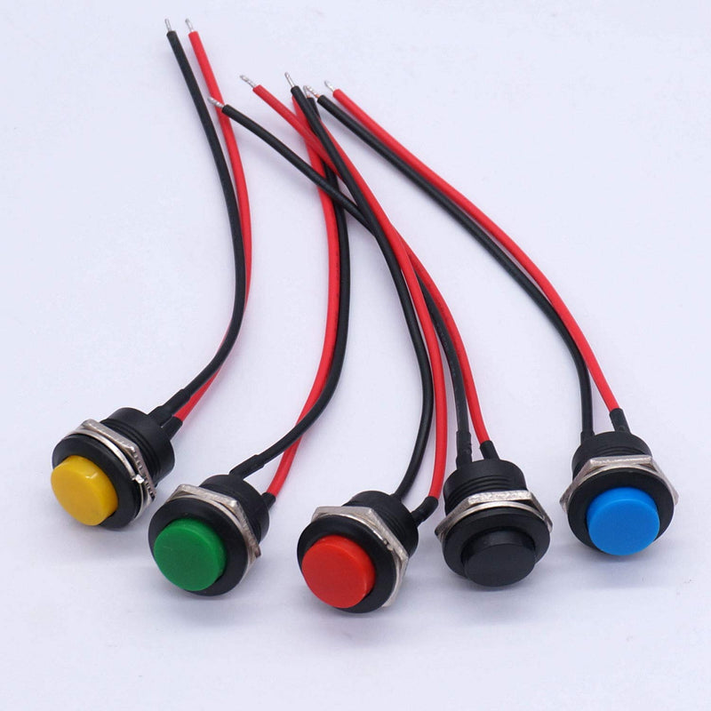 [Australia - AusPower] - weideer 5pcs 16mm Momentary Push Button Switch SPST AC250V/3A AC125V/6A ON Off 2 Pin Mini Self-Reset Round Plastic Switch(5 Colors) with Pre-soldered Wires R13-507-5-X Multicolored 