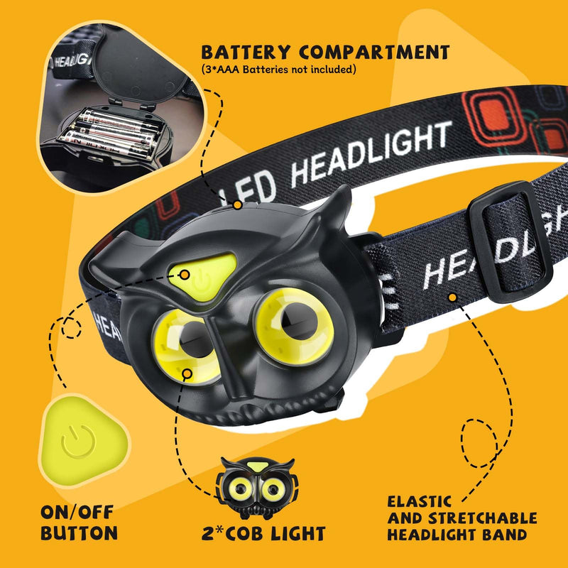 [Australia - AusPower] - unibrite LED Kids Headlamp, 2Pack COB Headlamp for Kids Boys Girls or Adults, Flashlight Headlamp Battery Powered Lightweight Headlight Ideal Gift for Camping, Birthday, Halloween, Christmas, New Year Black+Black 