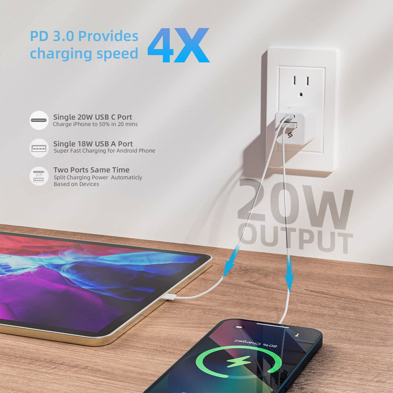 [Australia - AusPower] - USB C Wall Charger, SINDOX Tiny 2-Ports 20w USB and USB C Charger Block [PD/QC 3.0], Apple Power Adapter Plug Brick for New iPhone 13/12/11/Pro/Pro Max/Mini, iPad/Pro, AirPods, Pixel USB A+C - White 