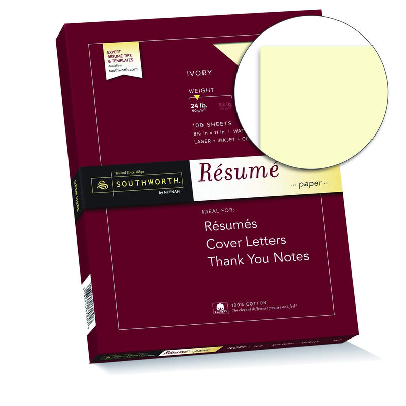 [Australia - AusPower] - Southworth® 100% Cotton Résumé Paper, 8 1/2" x 11", 24 Lb, 100% Recycled, Ivory, Pack of 100 
