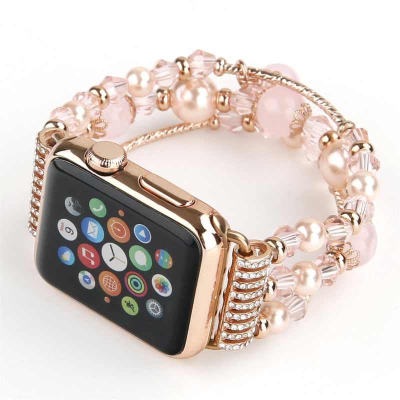 [Australia - AusPower] - GEMEK Compatible with Apple Watch Band 42/44/45mm Rose Gold Women Agate Pearl Bracelet, Fashion Handmade Elastic Replacement Strap for iWatch Bands Series 7/6/5/4/3/2/1 Girls Wristband (Pink) Pink 42mm/44mm/45mm 