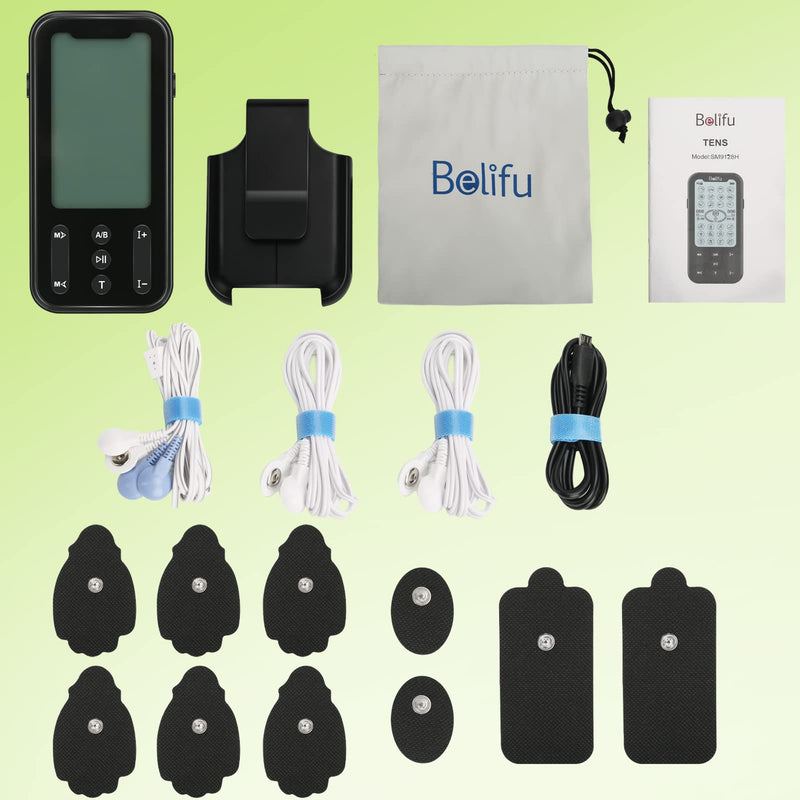 [Australia - AusPower] - Belifu Independent Dual Channel TENS EMS Unit with 24 Modes, Rechargeable Muscle Stimulator for Pain Relief with 20 Levels Intensity, Electric Pulse Massager TENS Machine with Back Clip 10 Pads. 