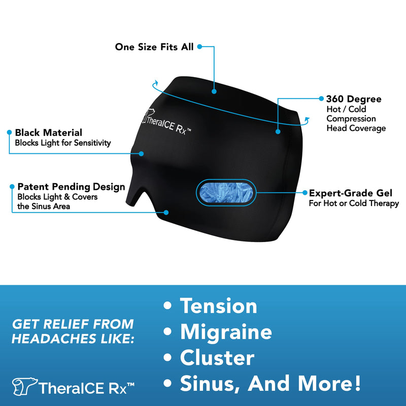 [Australia - AusPower] - TheraICE Rx Form Fitting Gel Ice Headache / Migraine Relief Hat, Cold Therapy Migraine Relief Cap / Migraine Ice Head Wrap Ice Pack Mask, Cold Compress Headache Relief Cap for Tension, Sinus & Stress Black (Pack of 1) 