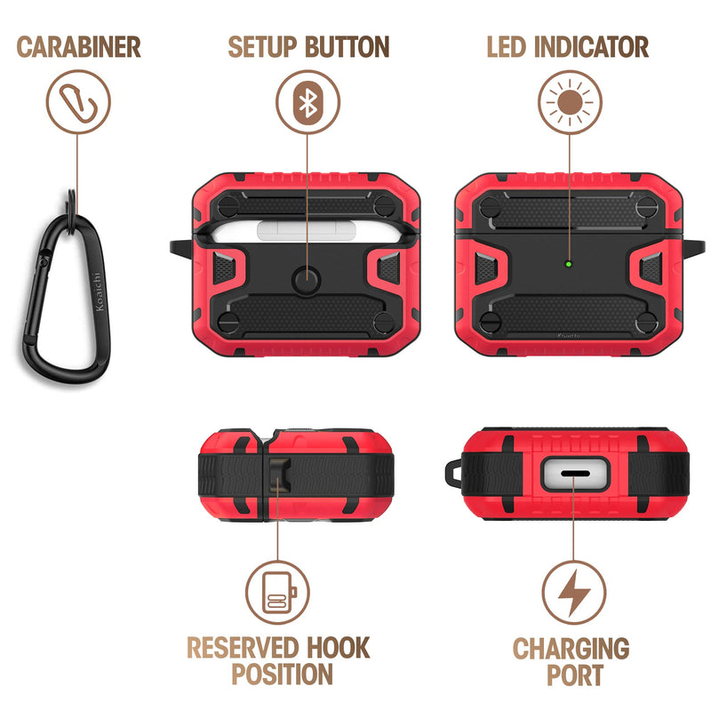 [Australia - AusPower] - Koaichi Compatible with AirPods Pro(2nd Generation/1st Generation), Full-Body Rugged Hard Shell Protective Case Cover with Keychain Designed for AirPods Pro (2022/2019), Black/Red 