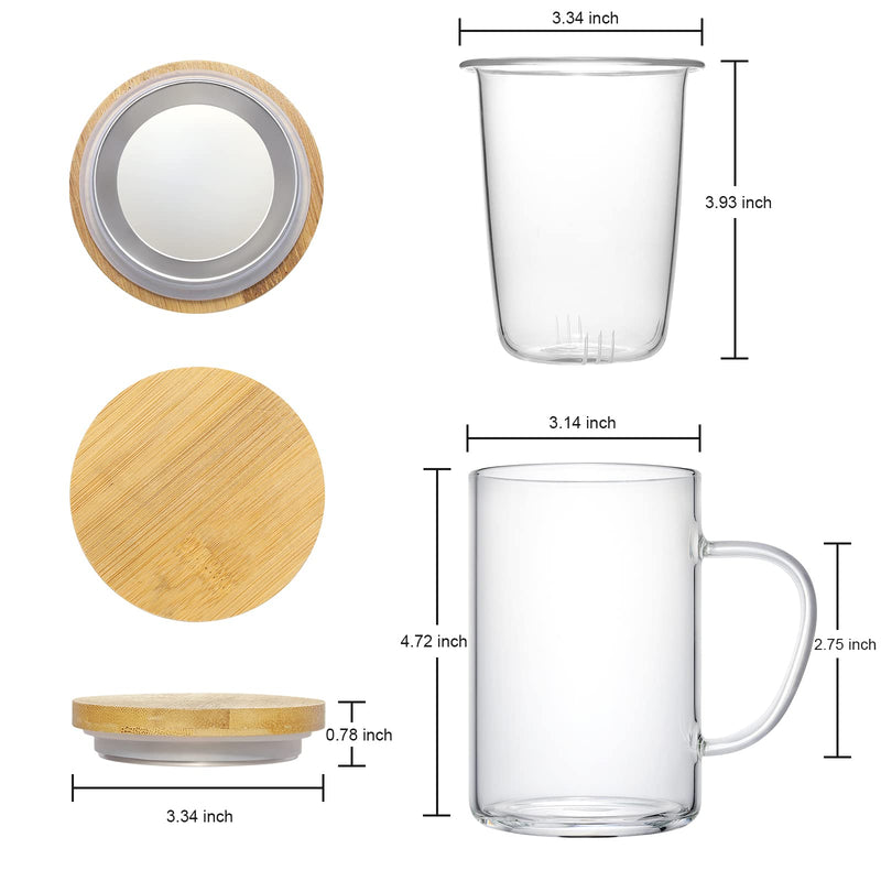 [Australia - AusPower] - Lezero Glass Tea Infuser Cups with Removable Strainer and Bamboo Lid, Borosilicate Glass Tea Mugs for Blooming Tea & Loose Leaf Tea, Microwave & Dishwasher Safe, LEAD-FREE, 15oz/450ml 