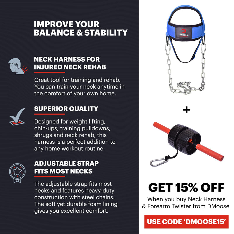 [Australia - AusPower] - DMoose Neck Harness for Weight Training, Neck Exerciser for Neck Workout Equipment Gym, Neck Trainer with Adjustable Long Steel Chain and Strap, Neoprene Support Head Harness, Improve Muscle Strength Blue With Support Strap 