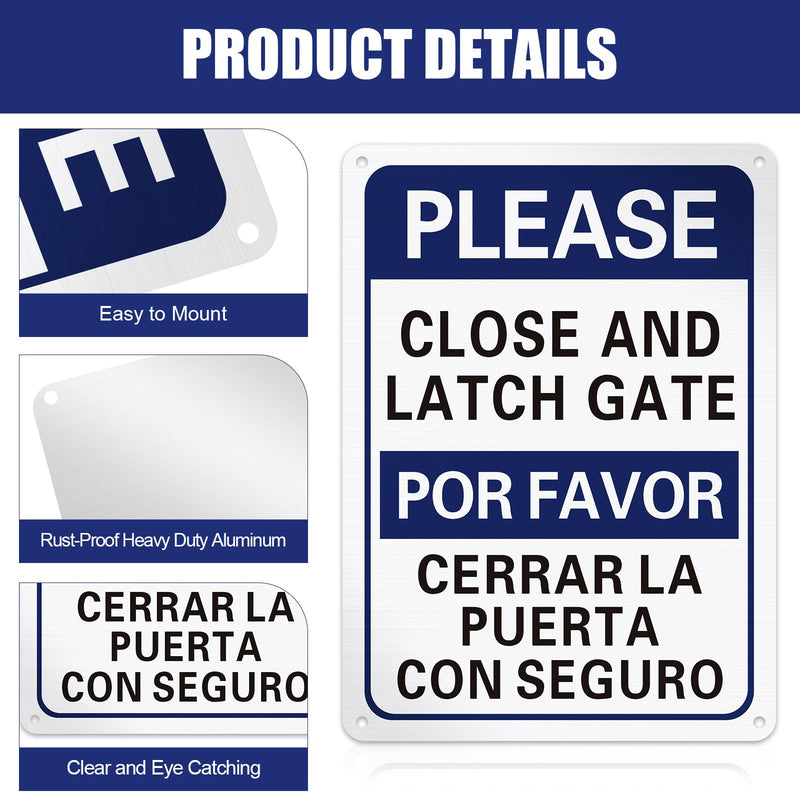 [Australia - AusPower] - Blulu 4 Pcs Please Close and Latch Gate Sign Bilingual English Spanish Keep Gate Closed Signs Metal 10" x 7" Door Closed Signs Reflective Sturdy Rust Aluminum Weatherproof Easy to Install (Blue) Blue 