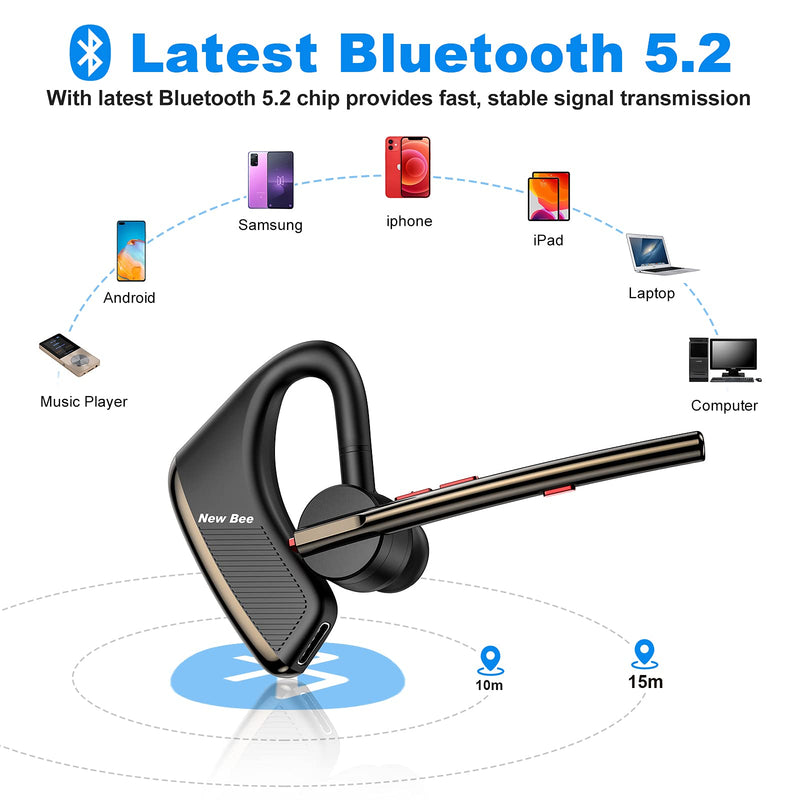[Australia - AusPower] - Bluetooth Headset New bee V5.2 Wireless Bluetooth Earpiece 24Hrs Talktime CVC8.0 Dual Mic Noise Cancelling with Comfortable Earbud for iPhone/Android/Driver/Business/Office Black 