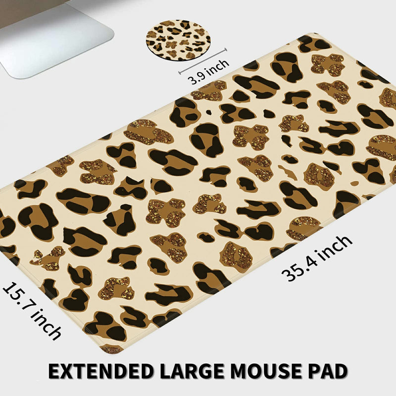 [Australia - AusPower] - Leopard Glitter Mouse Pad Large with Coaster, 35.4"x15.7" Full Desk Mousepad Stitched Edges Non Slip Base Desk Pad Extended Large Gaming XXL Mouse Pad for Desk Office Home XXL-35.4"x15.7"x0.12" Leopard Glitter 