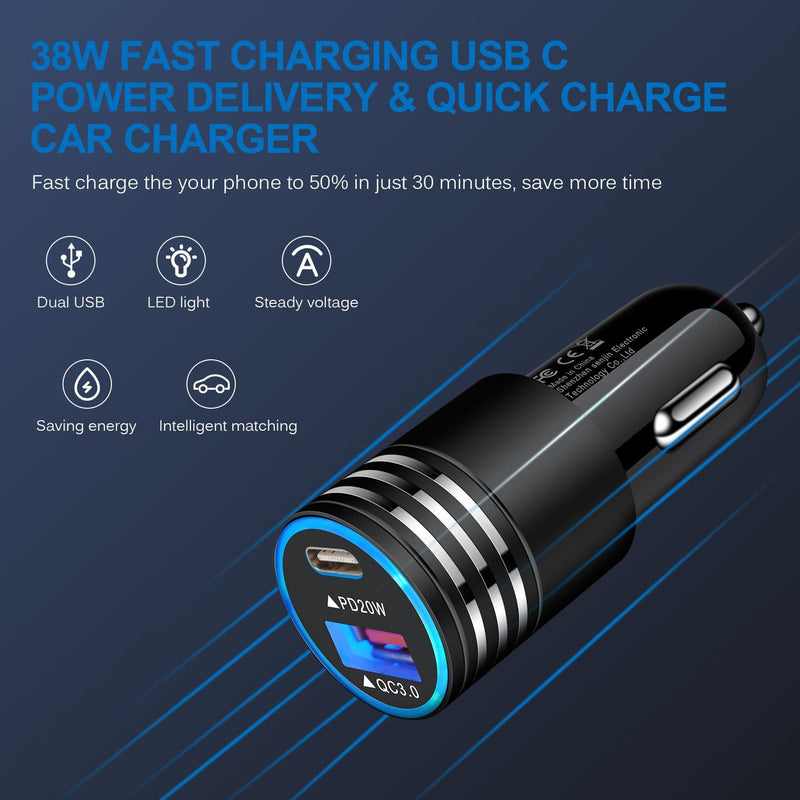 [Australia - AusPower] - USB C Car Charger, 2Pack 38W PD & QC 3.0 Dual Port iPhone Fast Car Charger Type C Car Adapter for iPhone 13 12 11 Pro Max XR XS X 8,Samsung Galaxy S22 S21 S20 A12,Google Pixel 6 Pro 5a 5 4a 4 3a 3 XL Black 