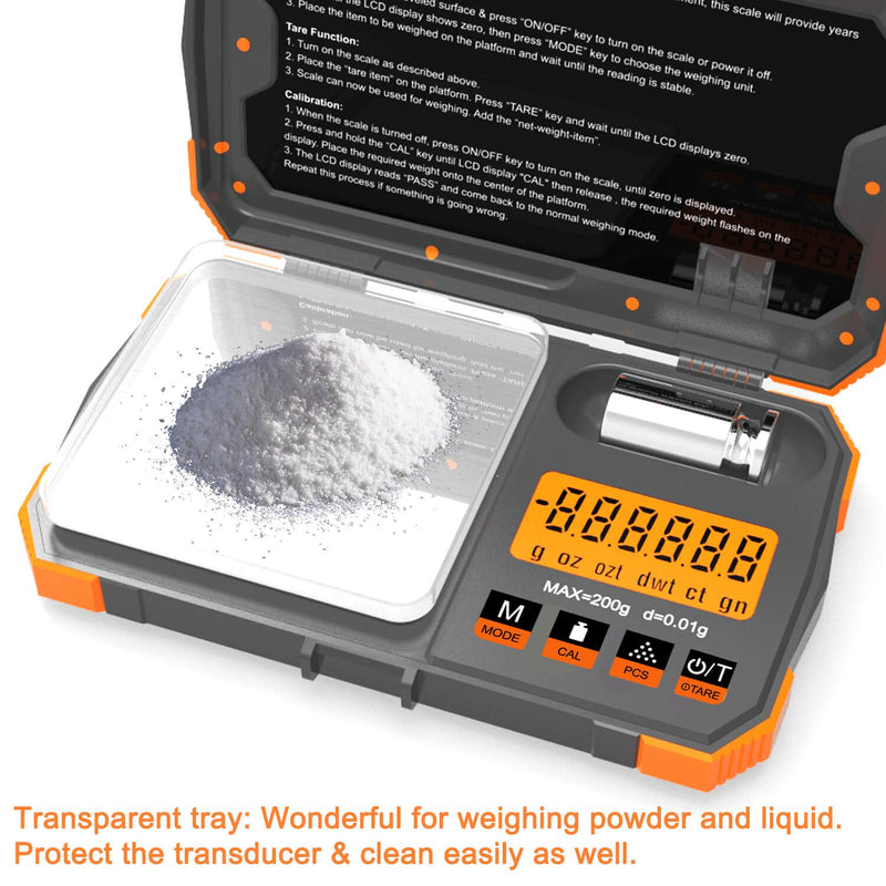 [Australia - AusPower] - Pocket Scale with Tray 200 x 0.01g High Precesion Gram Scale Arrow Scale Jewelery Coin Scale 50g Calibration Weight USB Cable Included Read in Gram Grain Carat Pennyweigh oz ozt Orange 
