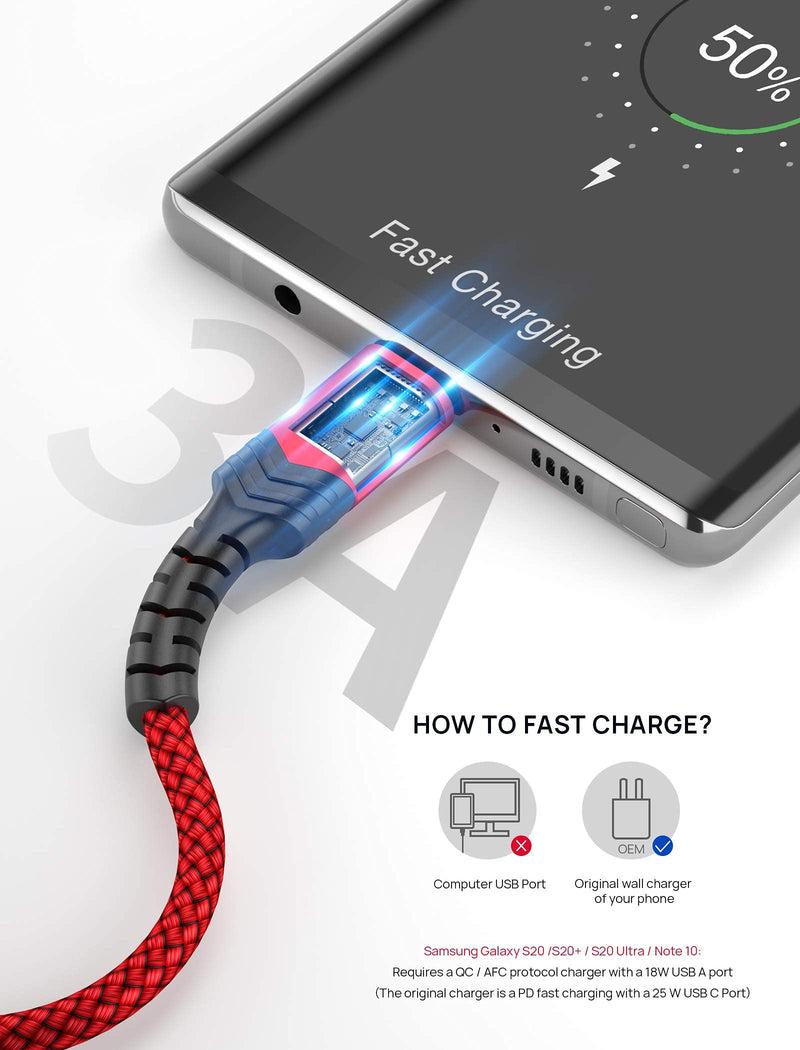 [Australia - AusPower] - USB Type C Cable 3A Fast Charging [2-Pack 6.6ft], JSAUX USB-A to USB-C Charge Braided Cord Compatible with Samsung Galaxy S10 S9 S8 S20 Plus A51 A11,Note 10 9 8, PS5 Controller, USB C Charger-Red Red 
