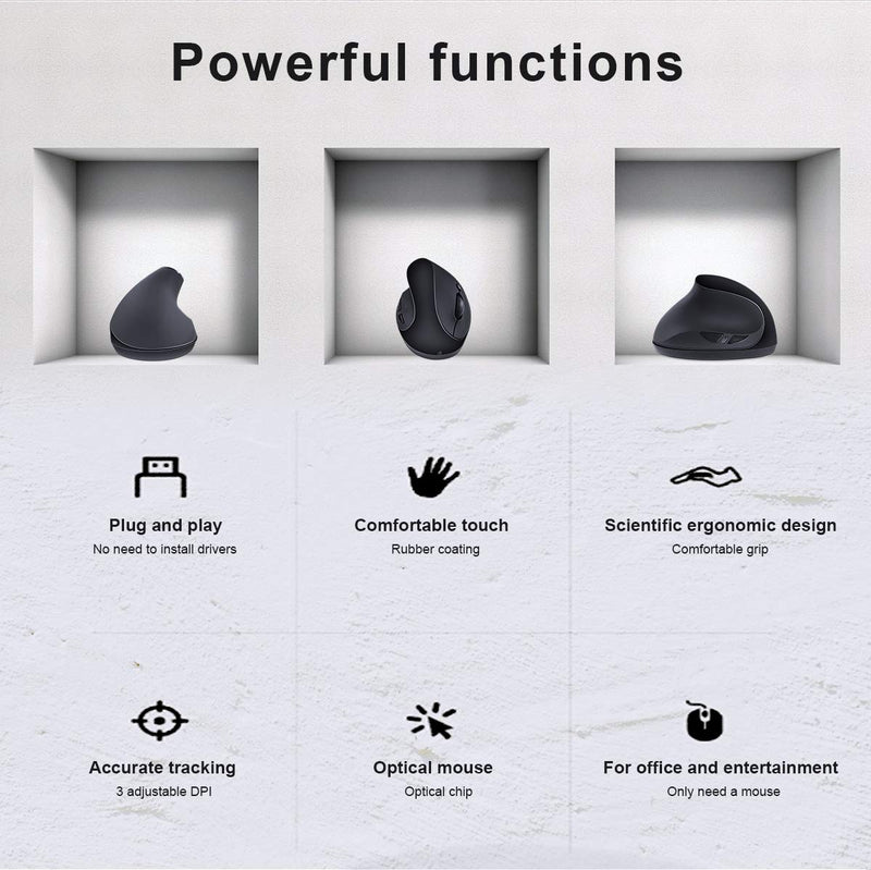 [Australia - AusPower] - Left-Handed Mouse,2.4GHz Ergonomic Vertical DPI 800/1200/1600 Wireless Mouse with USB Receiver for Small Hand,Black Black 