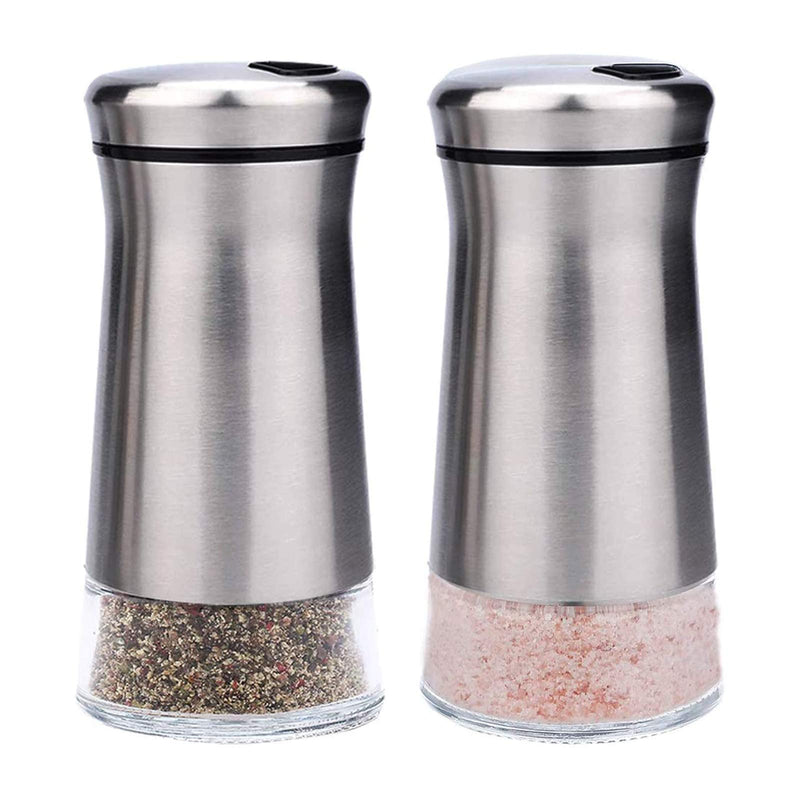 [Australia - AusPower] - VSILE 2 Packs Salt and Pepper Shaker Set, Adjustable Pour Holes Refillable Manual Glass Body Stainles Steel Funnel Mill Seasoning Shaker with Lids for Spices and Sea Salts Fresh Ground Pepper 