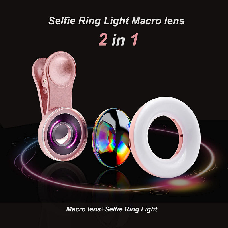 [Australia - AusPower] - Macro Lens for iPhone and Android with Mini Clip Ring Light, Portable Rechargeable Dimming, for Smart Phone Photography, Camera Video Recording, VLOG Pink 
