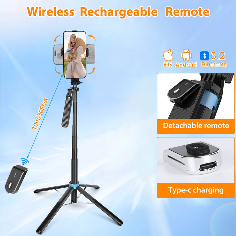 [Australia - AusPower] - Eocean 71" Tall Selfie Stick Tripod Quadripod with Remote & Video Balance Handle, Aluminum Alloy Extendable Cell Phone Tripod Stand, Travel Tripod Phone Holder Compatible with iPhone/Android/GoPro 