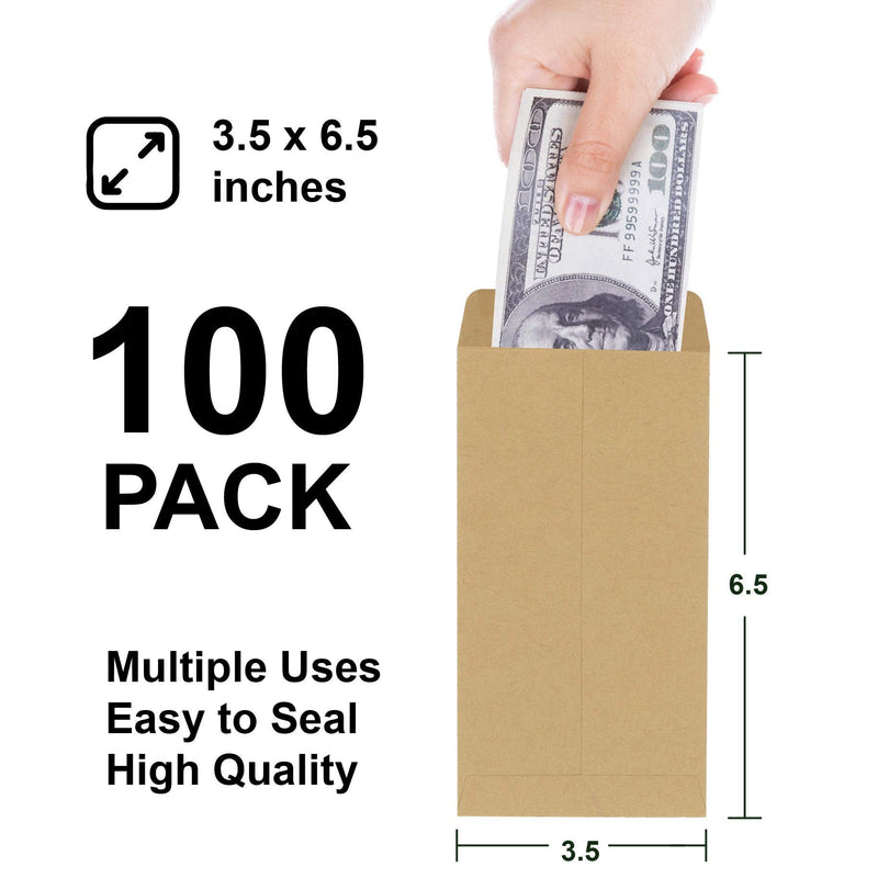 [Australia - AusPower] - Money Envelopes, 100 Pack Kraft Cash Envelopes, Small Parts Envelopes with Gummed Seal, 3.5 x 6.5 Inches 