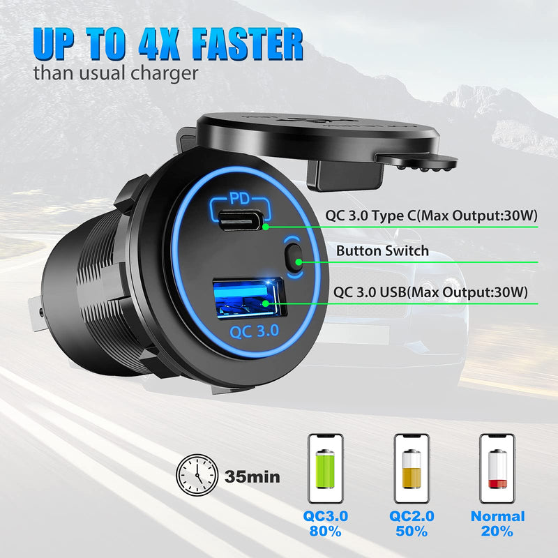 [Australia - AusPower] - Linkstyle 2 Pack 12v USB Outlet, U48W USB C Car Charger Socket Dual USB Outlet PD & QC 3.0 Car Socket with ON Off Switch Fast Car Charger for Car, Boat, Marine, Bus, Truck, Golf Cart, RV, Motorcycle 