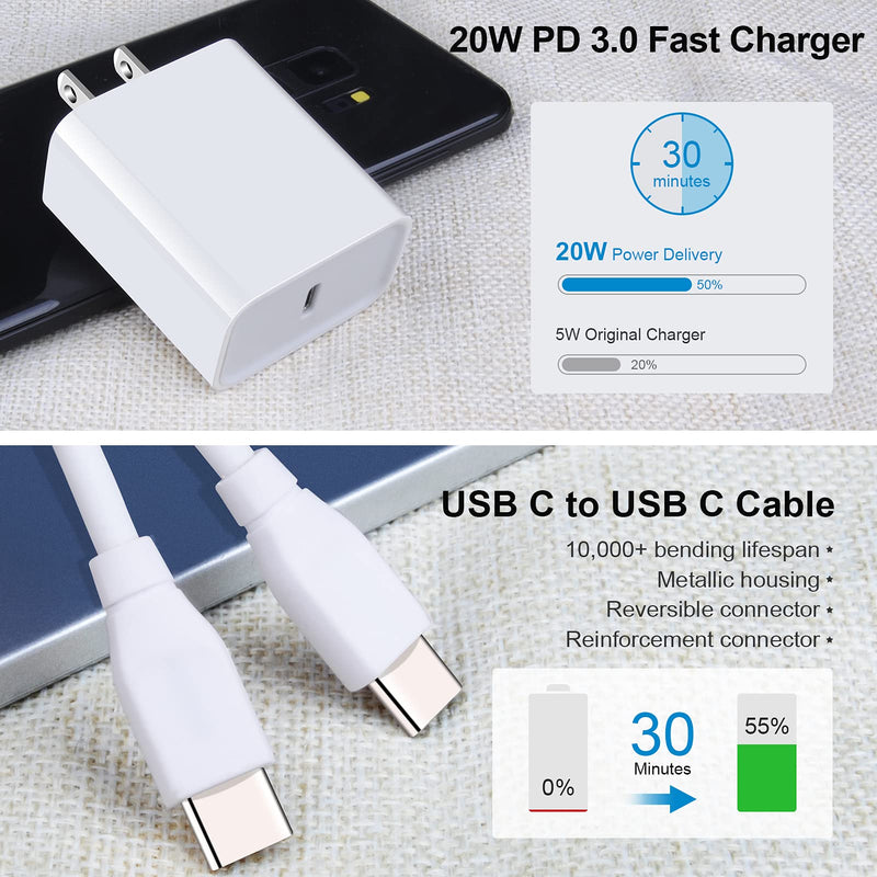 [Australia - AusPower] - USB C Fast Charger for Google Pixel 6 6 Pro 5 4 4A 4XL 3 3A 3XL 2 XL, Pad Pro 12.9/11, Samsung Galaxy S22 S21 S20 FE 5G Note 20 Ultra Z Fold 3 A10E, 20W 3A PD Power Adapter with 6FT Type C to C Cable White 