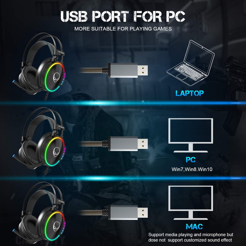 [Australia - AusPower] - ETWAR USB Gaming Headset for PC - 7.1 Surround Sound Headphones with Noise Cancelling Microphone- RGB Lights Headphones for Laptops with Microphone 