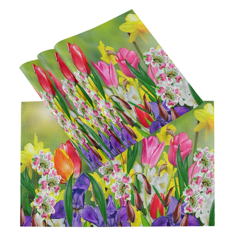 [Australia - AusPower] - Vdsrup Spring Tulips Flowers Placemats Set of 4 Summer Daffodils Daisy Florals Table Mats Burlap Placemat Washable Non-Slip Heat Resistant Place Mats for Party Kitchen Dining Decorations 12 X 18 Inch 4PCS 