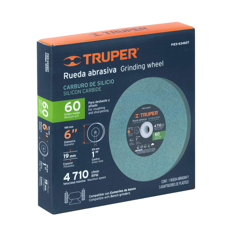 [Australia - AusPower] - TRUPER PIES-63460T 6" Silicon Carbide Bench Grinding Wheels. Grit=60, Thickness=3/4", Drill=1". 1 Pack 