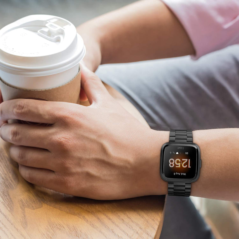 [Australia - AusPower] - Fintie Metal Band Compatible with Fitbit Versa 2, Versa, Versa Lite Edition, Solid Stainless Steel Strap Replacement Wristband Business Bracelet Compatible with Fitbit Versa Smartwatch Black 