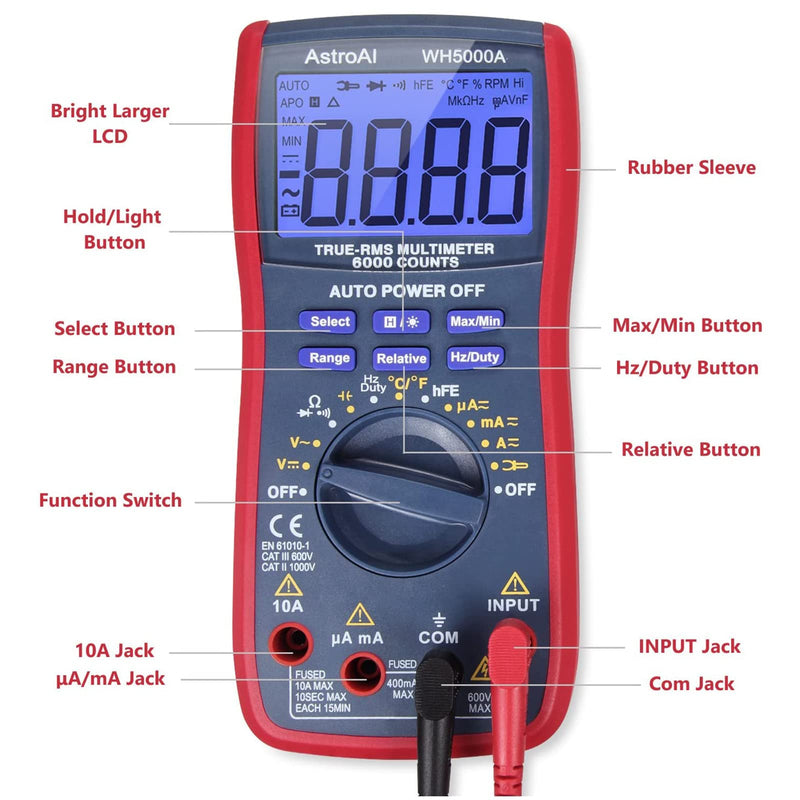 [Australia - AusPower] - AstroAI Digital Multimeter TRMS 6000 Counts Volt Meter Ohmmeter Auto-Ranging Tester; Accurately Measures Voltage Current Resistance Diodes Continuity Duty-Cycle Capacitance Temperature for Automotive 