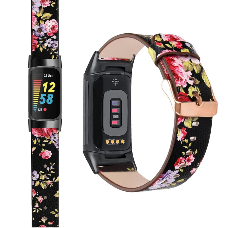[Australia - AusPower] - Abanen Leather Bands for Fitbit Charge 5, Floral Print Soft Leather Women Wristband Strap with Stainless Steel Quick Release Compatible with Fitbit Charge 5 Black 