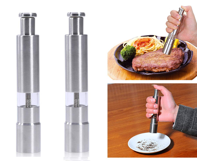 [Australia - AusPower] - Salt and Pepper Grinder Set of 2,Stainless Steel Push Button Grinder Modern Design Thumb Grinder, for Black Pepper, Sea Salt and Himalayan Salt, Spice and Salt 