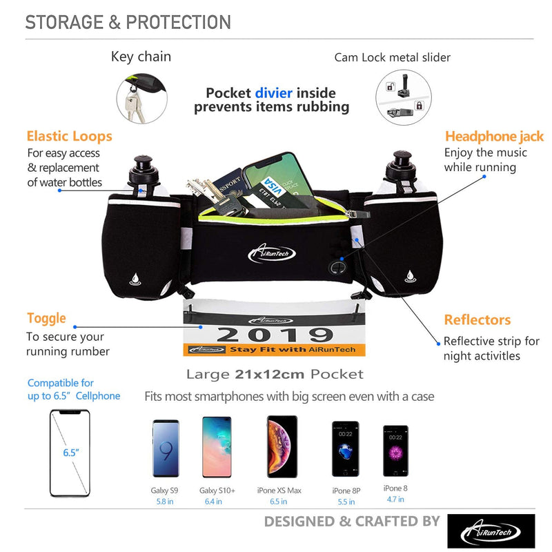 [Australia - AusPower] - AiRunTech Hydration Running Belt with Water Bottles Zero Bounce Design for Marathon, 10K, 5K, Trail, Race Training, Water Belts for Woman Men, Jogging Cycling Biking Waist Pack for Any Phone Size BK 2*6 OZ bottles 