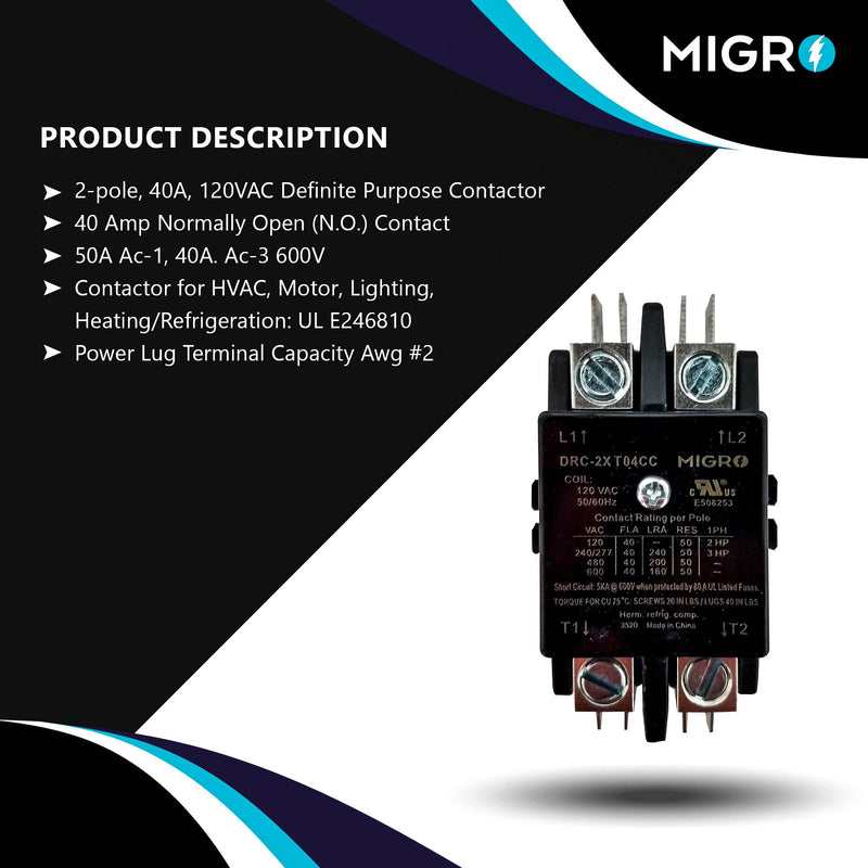 [Australia - AusPower] - Migro 2 Pole 40 AMP Heavy Duty Lighting Contactor 2 Pole Models (2 Pole 120VAC Coil Voltage) 2 Pole 120VAC Coil Voltage 