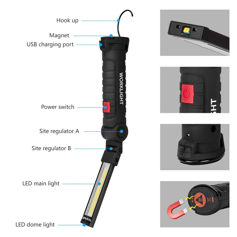[Australia - AusPower] - Lmaytech LED Flashlights, 2 Packs Rechargeable Work Lights,Work Light with Magnetic Base and Hanging Hook, 360° Rotate 5 Modes Bright Rechargeable Flashlights for Car Repair, Grill and Outdoor Use Black 