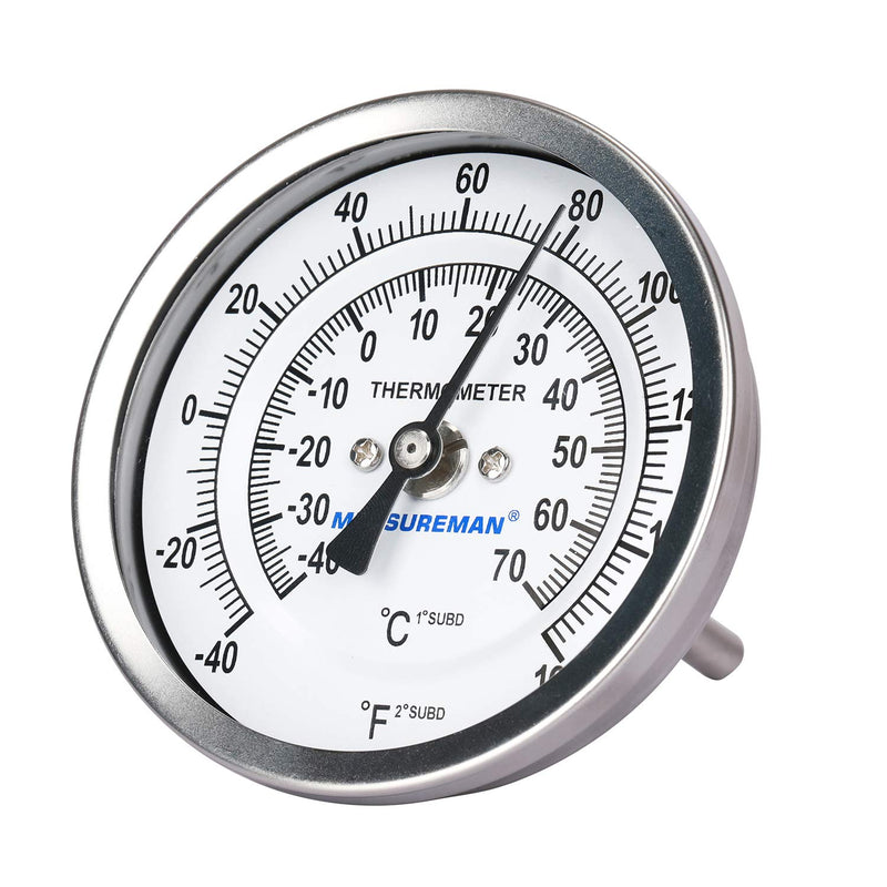 [Australia - AusPower] - Measureman Fully Stainless Steel Pot, Kettle, Brewing Bimetal Dial Thermometer, 3" Dial, 2-1/2" Stem, -40-160 deg F/-40-70 deg C, +/-1% Accuracy, Adjustable, 1/2" NPT Back Mount -40-160 ℉/ ℃ 2.5" Stem 
