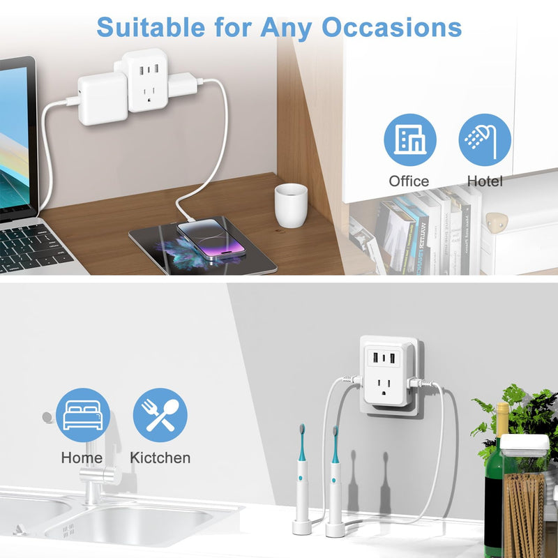 [Australia - AusPower] - Multi Plug Outlet Extender with USB, HICITY USB Wall Charger Multiple Outlet with 3 AC Outlet, 2 USB A&1 USB C Ports, Outlet Splitter Plug Expander for Cruise Ship Home Office Dorm Room 