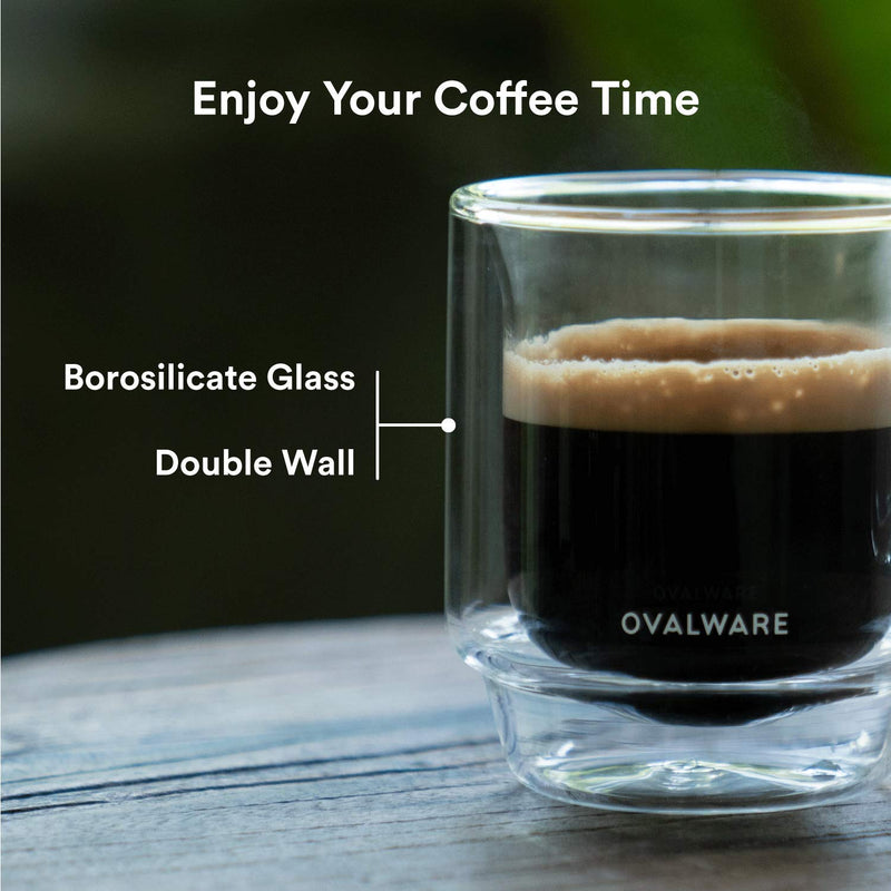 [Australia - AusPower] - OVALWARE RJ3 Espresso Coffee Glass Cups 4oz/120ml (Set of 2) Double Walled Glass Cup w/ Solid Butterfly Handle- Elegant Borosilicate Espresso Shot Mug - Stackable Insulated Transparent Demitasse Glass 2 Count (Pack of 1) 