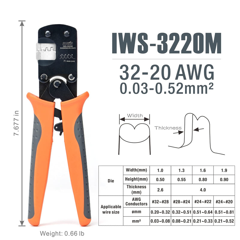[Australia - AusPower] - IWISS IWS-3220M Micro Connector Pin Crimping Tool 0.03-0.52mm² 32-20AWG Ratcheting Crimper for D-Sub,Open Barrel suits Molex,JST,JAE 