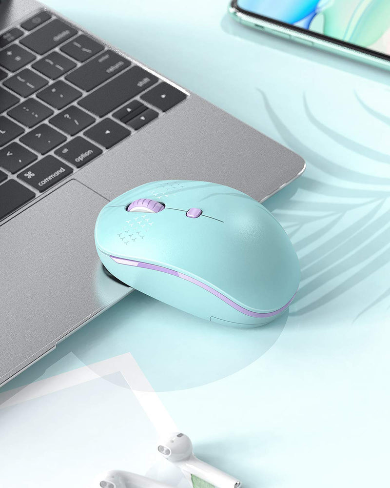 [Australia - AusPower] - Wireless Mouse - seenda Type C Mouse Cordless with USB and USB C 2 in 1 Receiver Rechargeable Mouse for Kids Compatible with MacBook, iPad Pro, Windows Computer, Laptop, PC - Mint Green Green Mouse 