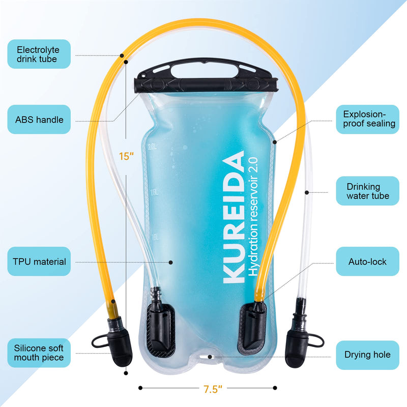 [Australia - AusPower] - KUREIDA Dual Hydration Bladder 2 Liter,Leak Proof 2L Water Bladder,BPA Free Hydration Reservoir for Hydration Pack for Hiking,Carry Water and Electrolytes 