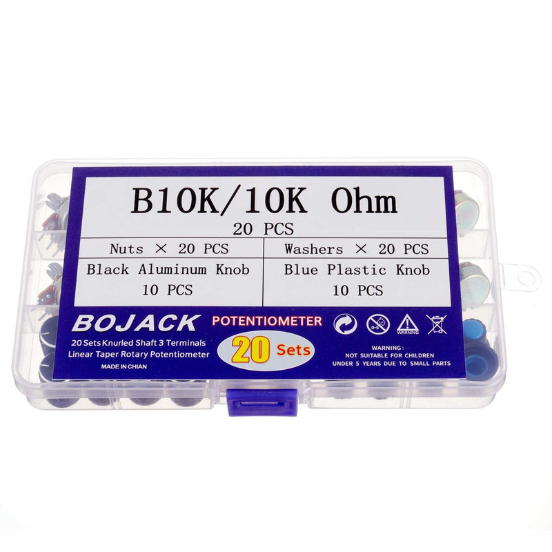 [Australia - AusPower] - BOJACK 20 Sets B10K Knurled Shaft 3 Terminals Linear Taper Rotary Potentiometer(WH148)10K Ohm Single Turn Carbon Film Variable Resistor with Black Aluminum & Blue Plastic Knobs Kit 