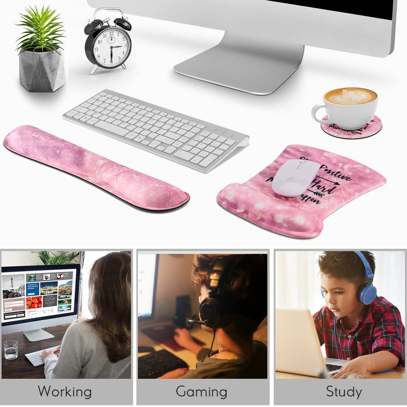 [Australia - AusPower] - Ergonomic Mouse Pad with Wrist Support Gel, DINKY Upgraded Keyboard Wrist Rest Pad Set, Lovely Coaster with Non-Slip PU Base Mouse Pads for Working, Gaming and Family (Pink Letters) Pink Letters 