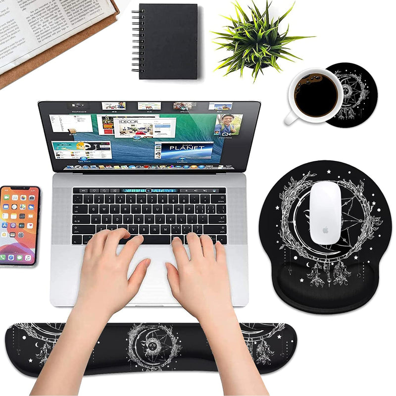 [Australia - AusPower] - Keyboard Wrist Rest and Mouse Pad Wrist Support Set, Non-Slip PU Base, Easy Typing and Relieve Wrist Pain, Perfect for Home Office Working Studying, Celestial Theme Sun with Crescent Moon 