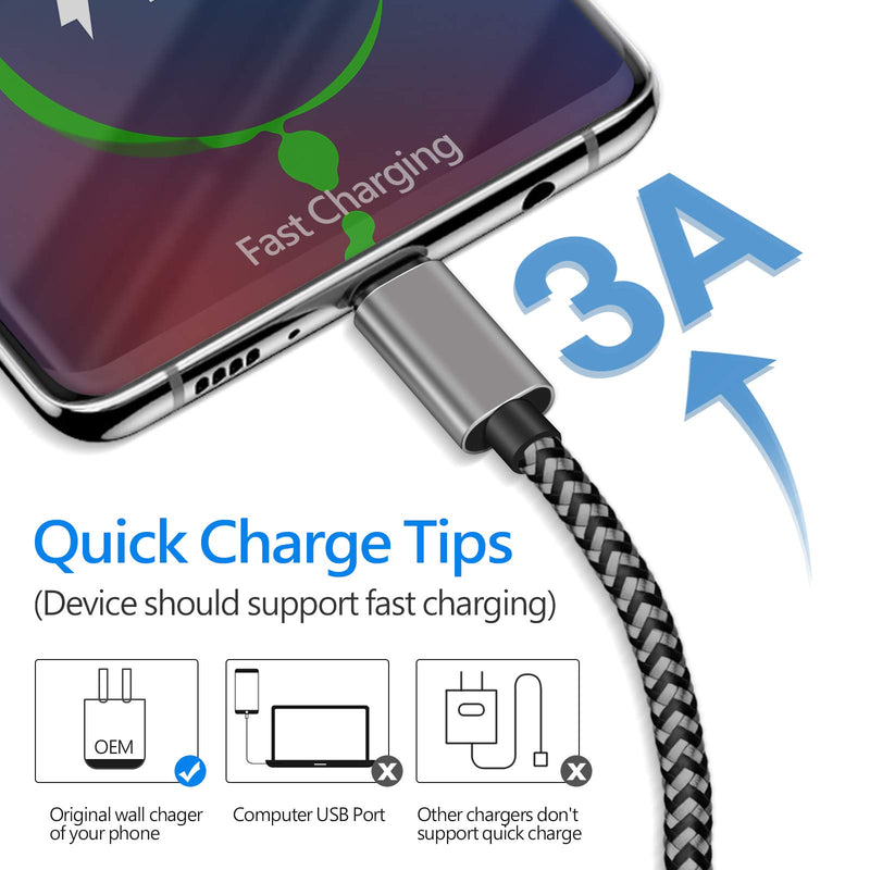 [Australia - AusPower] - USB C 3A Fast Charging Cable, 2 Pack 10FT Extra Long Durable Braided USB Type C Cable Cord Compatible with Samsung Galaxy S20 Plus S10 S10E S9 S8,Google Pixel 4 3 3A 2 XL, and Other USB C Charger Grey 