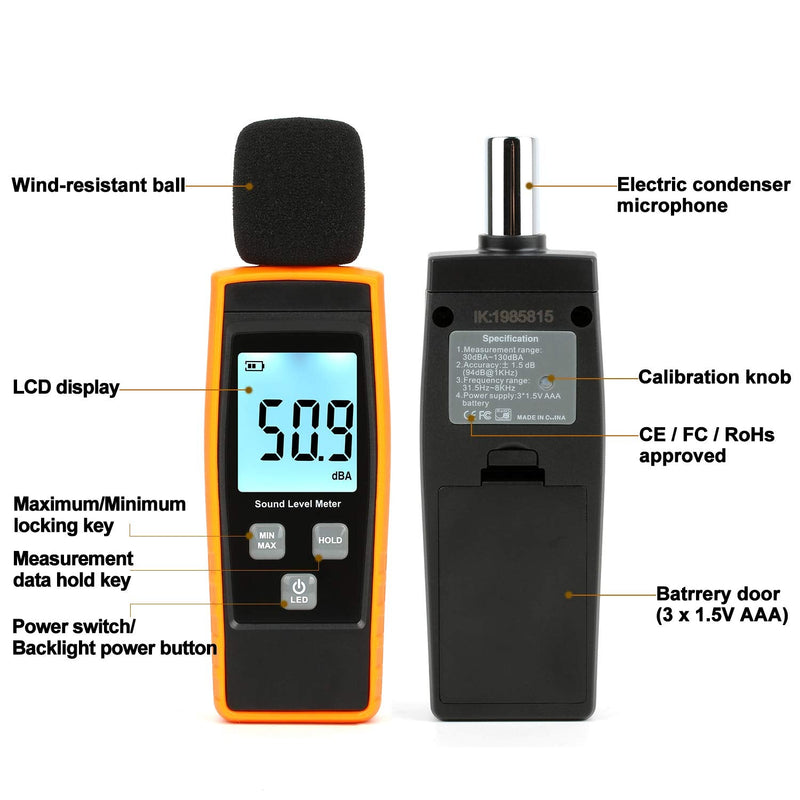 [Australia - AusPower] - Decibel Meter, Portable SPL Meter (Sound Pressure Level Meter), Digital Noise Meter, Range 30-130dB(A) db Meter, Noise Volume Measuring Instrument, Sound Monitoring Tester (Battery Included) Yellow 