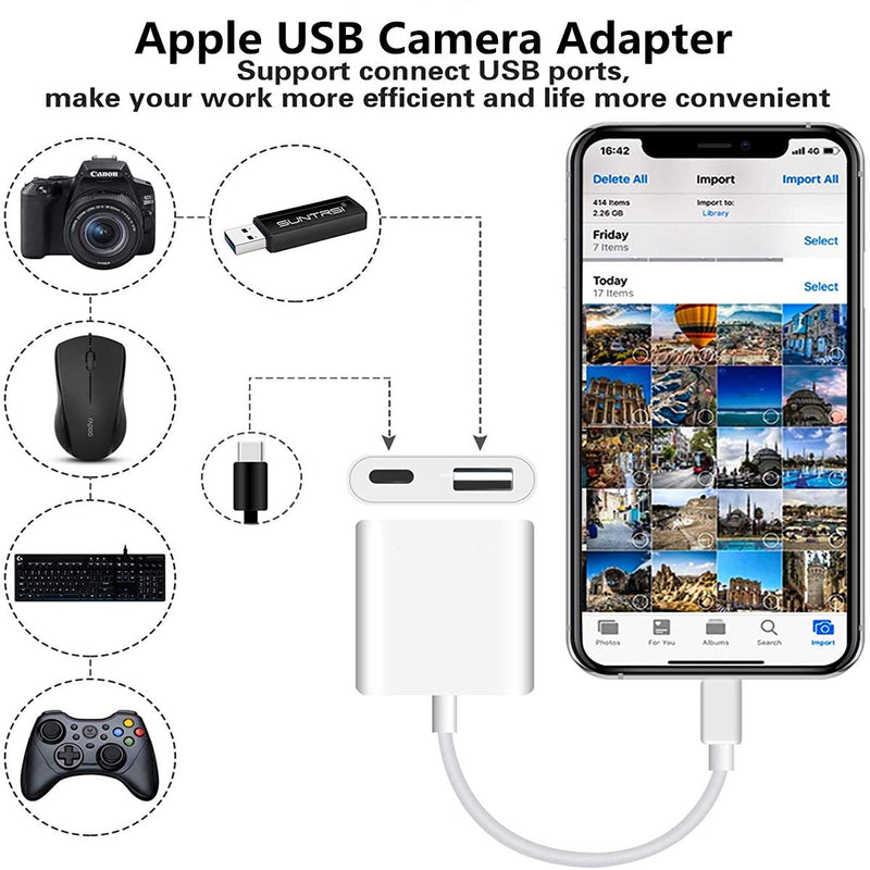 [Australia - AusPower] - Lightning USB Camera Adapter,Apple Certified USB Female OTG Reader Connector with Charging Port iPhone Charger Cable Compatible iPhone/iPad/iPod,USB Drive,MIDI Keyboard,Mouse iOS9.2-14+ White Rosyclo 