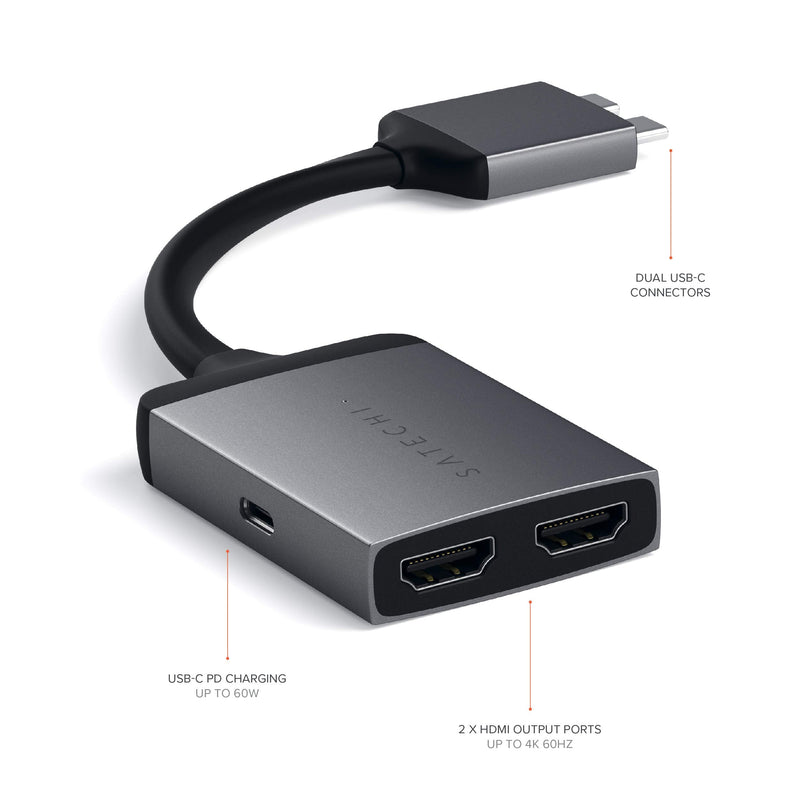 [Australia - AusPower] - Satechi Aluminum Type-C Dual HDMI Adapter 4K 60Hz with USB-C PD Charging - Compatible with 2022 MacBook Pro/ Air M2, 2021 MacBook Pro M1 Pro & Max (Space Gray) Space Gray 