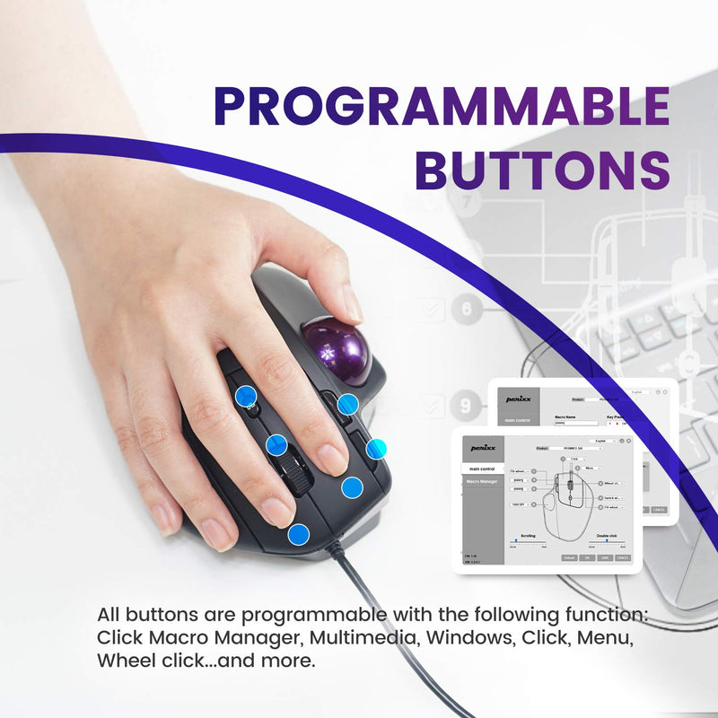 [Australia - AusPower] - Perixx PERIMICE-520 Wired USB Ergonomic Programmable Trackball Mouse, Adjustable Angle, 8 Button Design, Black (PM-520-11447) 