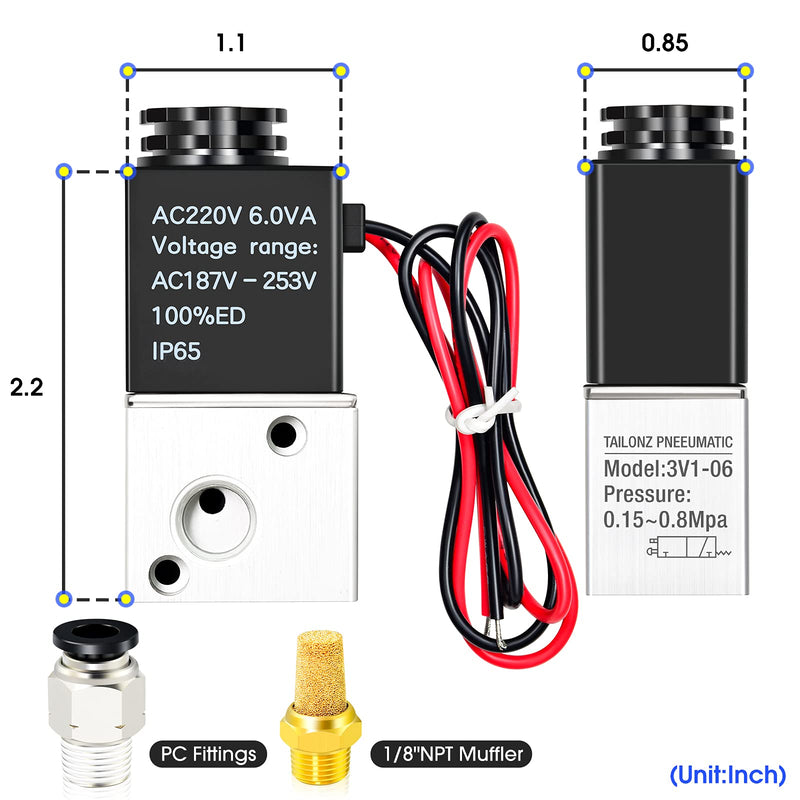 [Australia - AusPower] - TAILONZ PNEUMATIC 1/8 inch NPT 12V/24V/110V/220V 3 Way 2 Position Normally Closed Solenoid Valve Solenoid air Valve 3V1-06 AC220V 